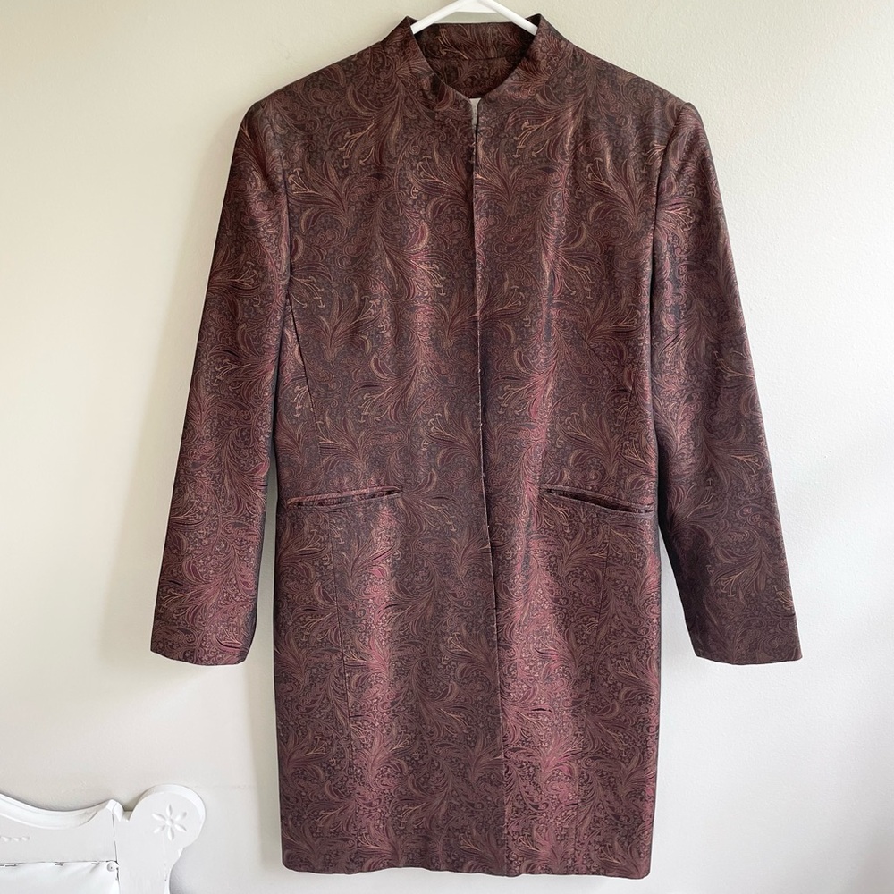 OLEG CASSINI BURGUNDY GOLD TEAL PAISLEY DINNER COAT POCKETS METALLIC